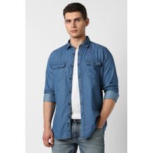 Van Heusen Men Cotton Solid Collar Neck Slim Fit Blue Shirt