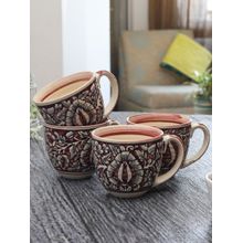 MIAH Decor Handpainted Mughal Design Glazed Coffee Mugs Cum Serving Tea Cups Set, Set Of 4, Pink