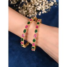 Ratnavali Jewels Gold Plated Pink & Green Ad Studded Single Line Bangles (Set Of 2)
