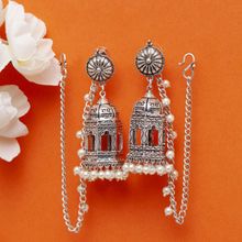 Moedbuille Handcrafted Temple Design Brass Plated Antique Oxidised Jhumkas with Ear Chain
