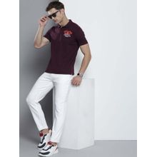 The Indian Garage Co Men Slim Fit Placement Embroidery Burgundy Polo Collar T-Shirt