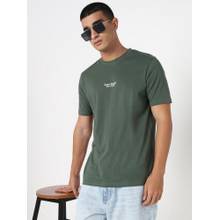 R&B Cotton Regular Fit Crew Neck Typographic Print Olive Men T-Shirt