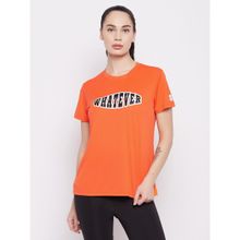 Clovia Comfort Fit Text Print Active T-Shirt in Orange