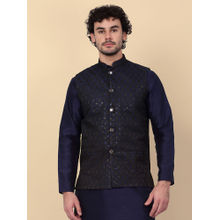 Kraft India Men Navy Blue Embroidered Sequins Jacquard Nehru Jacket