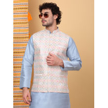 KRAFT INDIA LUXE Men Silk Blend White Floral Embroidered Nehru Jacket