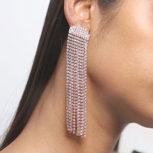 Ayesha Oversized White Diamante Crystal Studded Rose Gold-Toned Long Tassel Drop Earrings