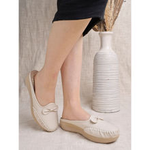 Shoetopia Stylish Comfortable Upper Bow Detailed Cream Slip-On Loafers