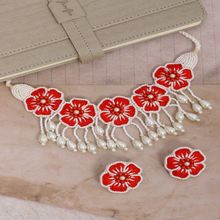 Crunchy Fashion Handmade Adjustable Flower White and Red Beads Choker Beads Fabric Necklace Set