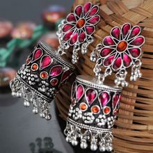 Moedbuille Dome Shaped Handcrafted Multi Color Enamel Silver-Plated Brass Jhumkas
