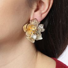 Fabula Gold Plated Oversized Large Crystal Encrusted Floral Ear Stud Earrings