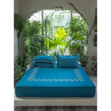 Ddecor Live Beautiful 210 TC Cotton Large Embroidered BED SHEET SET- EB162-DEEP WATER