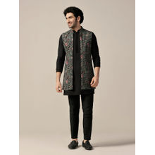 KISAH Men Black Printed Cotton Blend Kurta Jacket Trouser Set with Kantha Print