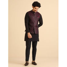 KISAH Men Black, Burgundy Textured Silk Blend Jacquard Kurta Jacket Trouser Set with Self Design
