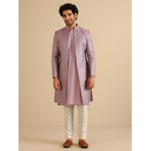KISAH Men Lilac Textured Silk Blend Jacquard Kurta Indowestern Sherwani Trouser Set with Abstract Print