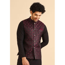 KISAH Men Black, Burgundy Textured Silk Blend Jacquard Nehru Jacket with Zari Design