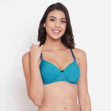 Clovia Padded Non-Wired Dot Print Full Cup T-Shirt Bra with Racerback in Light Blue