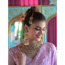 Odette Pink Bridal Necklace and Earrings With Maangtika for Women