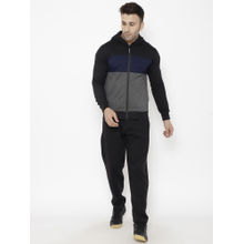 Chkokko Navy & Black Men Fleece Zipper Hooded Winter Tracksuit (set Of 2)