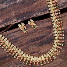 Zaveri Pearls Green & Red Stones South Indian Style Long Necklace & Earring Set - ZPFK9388