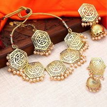 Sukkhi Hexagon Designer Gold Plated Wedding Jewellery Pearl Choker Necklace Set (NYKSUKHI00060)