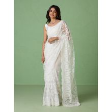 Likha White Net Embellished and Embroidered Saree with Unstitched Blouse and Petticoat LIKPARSAR01