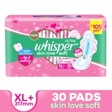 Whisper Ultra Skinlove Soft Sanitary Pads For Women,30 Thin Pads-Xl+,Our #1 Softness,Irritation Free