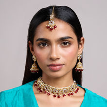 Azai by Nykaa Fashion Maroon Floral Kundan Choker Necklace Jhumkas Maangtika Festive Jewellery Set