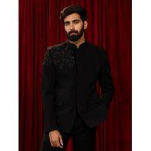 Vastramay Black Imported Suiting Floral Cut Dana Stone Work Jodhpuri Jacket