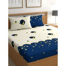 BAJO'S White Printed Fitted Bedsheet & 2 Pillow Covers (King)