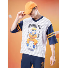Bewakoof Official Naruto Men's Blue & White Ramen Jersey Graphic Printed Oversized T-shirt
