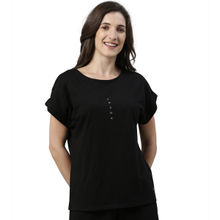 Enamor Essentials Womens E302- Cotton Short Sleeve Boat Neck Graphic Tee - Black