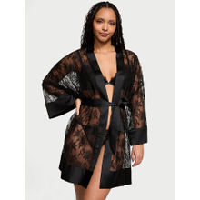 Victoria's Secret Black Rose Lace Satin-Trim Short Robe