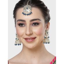 Karatcart Gold Plated Mirror and Navy Blue Bead Studded Round Jhumki Earrings & Maangtikka