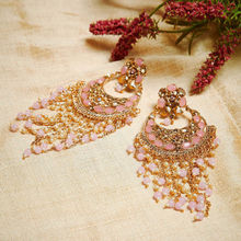PANASH Gold-Plated & Pink Handcrafted Crescent Shaped Embellished Chandbalis