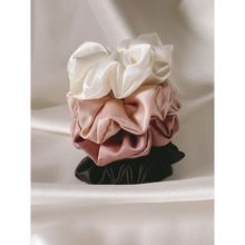 Mueras Solid Satin Scrunchies Ivory White, Rosegold, Dust Rose, Black (Pack of 4)