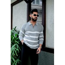 GRITSTONES Men Grey Stripes Zipper Pullover Polo T-Shirt