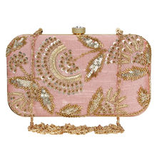 Anekaant Pastel Pink & Gold Adorn Embellished Faux Silk Clutch
