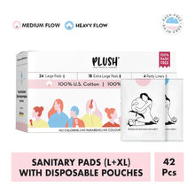 Plush L + XL Sanitary Pads - 100% Pure US Cotton Pads- 42Pcs + 4 Free Panty Liners
