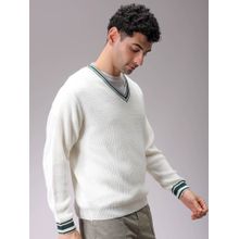 The Indian Garage Co Men White Relaxed Fit Solid V-Neck Full Sleeves Sweater