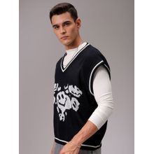 The Indian Garage Co Men Black Boxy Fit Self Design V-Neck Sleeveless Sweater