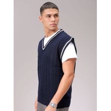 The Indian Garage Co Men Navy Blue Oversized Fit Textured Sleeveless V-Neck Sweater