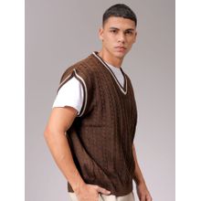 The Indian Garage Co Men Brown Oversized Fit Textured Sleeveless V-Neck Sweater