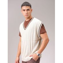 The Indian Garage Co Men White Oversized Fit Textured Sleeveless V-Neck Sweater