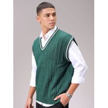 The Indian Garage Co Men Green Oversized Fit Textured Sleeveless V-Neck Sweater