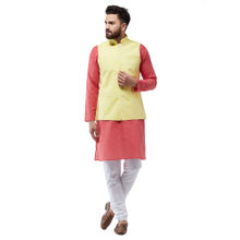 SOJANYA Cotton Linen Red Kurta With White Pyjama & Lemon Nehru Jacket (Set of 3)