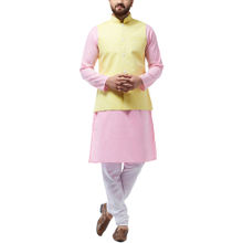 SOJANYA Cotton Linen Pink Kurta With White Pyjama & Lemon Nehru Jacket (Set of 3)