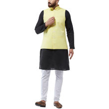 SOJANYA Cotton Linen Black Kurta With White Pyjama & Lemon Nehru Jacket (Set of 3)