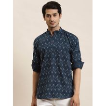 SOJANYA Men Cotton Peacock Blue Printed Short Kurta