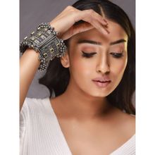 Jazz and Sizzle Silver Plated and Gold Toned Kundan Studded Oxidized Tribal Ghungroo Cuff Bracelet