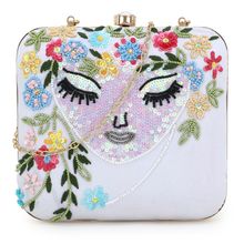 Anekaant Vista White & Multi Faux Silk Sequined & Embellished Box Clutch